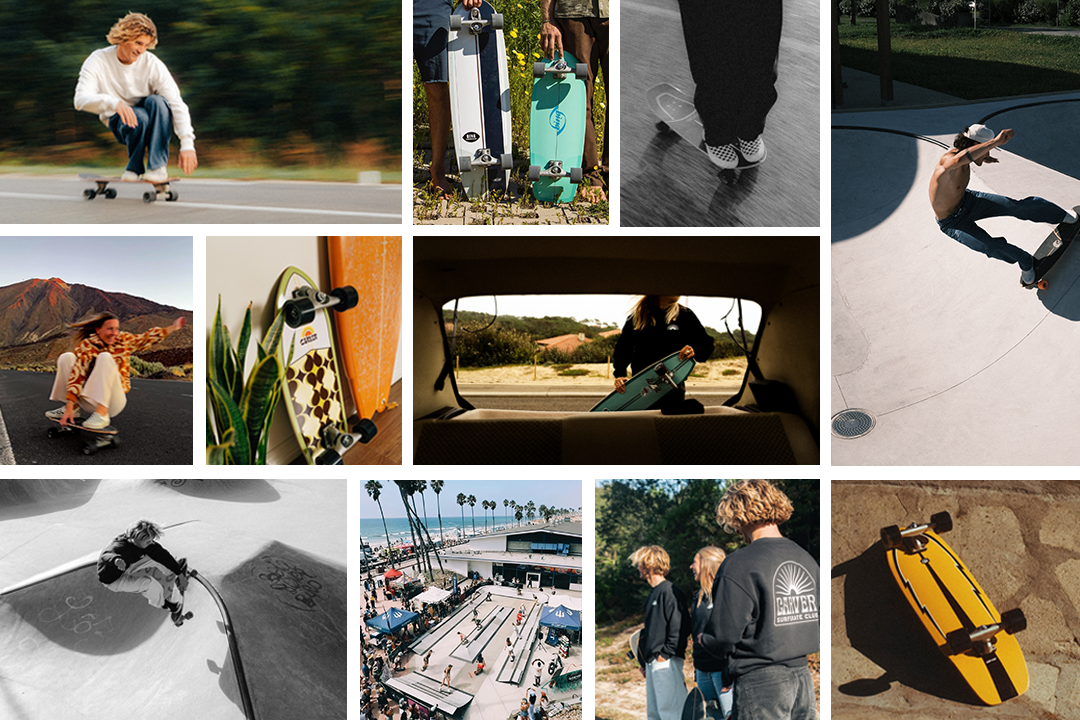 Mosaïque de photos lifestyle Carver : surfskaters en action sur route, skateparks et en voyage, illustrant l’esprit libre et créatif de la marque